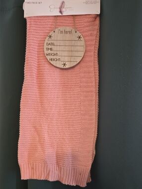 Jessica Simpson Pink Knit Baby Two-Piece Set with Wooden Milestone Disc